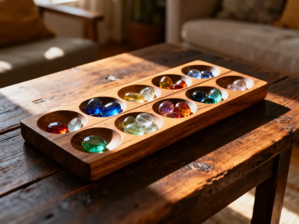 Drewniana plansza do gry Mancala z kolorowymi szklanymi kamieniami na rustykalnym stole w promieniach porannego słońca.