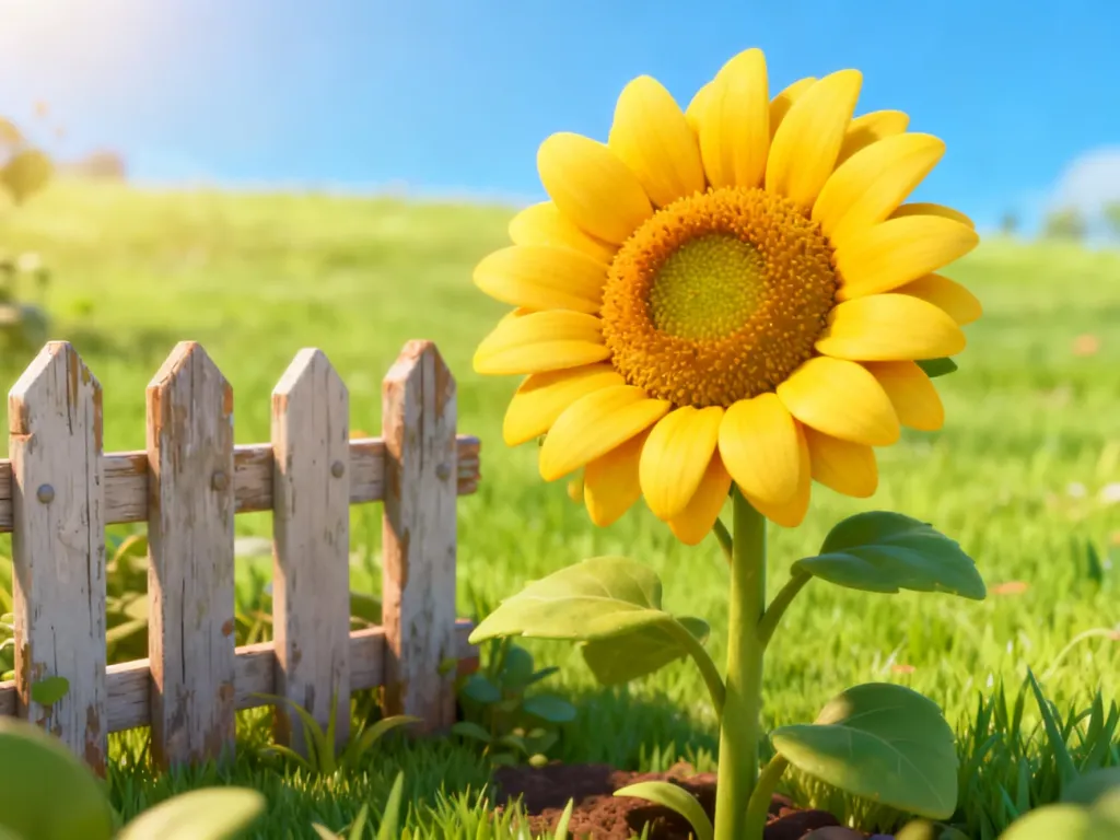Słonecznik z gry Plants vs. Zombies na tle ogrodu w słoneczny dzień. Grafika 3D przedstawiająca roślinę w stylu gry.