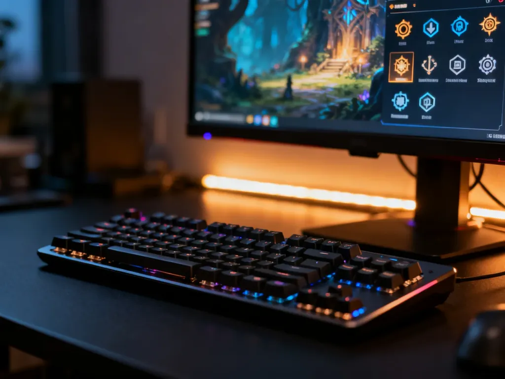 Ekran monitora z otwartym menu ustawień gry w klimacie fantasy na tle nowoczesnego stanowiska gracza.