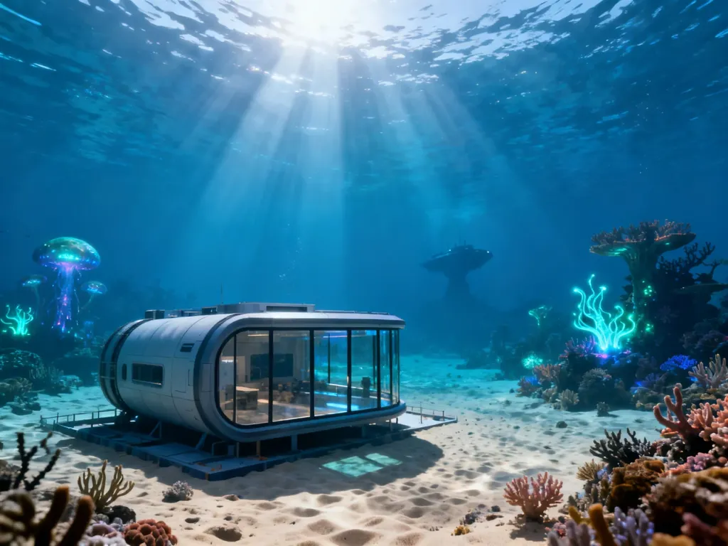 Częściowo zbudowana podwodna baza z pomieszczeniem wielofunkcyjnym na dnie oceanu w grze Subnautica.