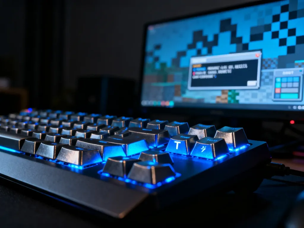 Podświetlona klawiatura mechaniczna z wyróżnionymi klawiszami służącymi do otwierania konsoli poleceń w grze Minecraft.