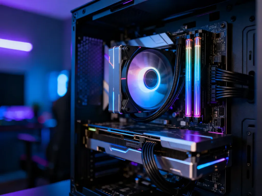 Wnętrze nowoczesnego komputera gamingowego z podświetleniem RGB i zaawansowanym chłodzeniem cieczą.