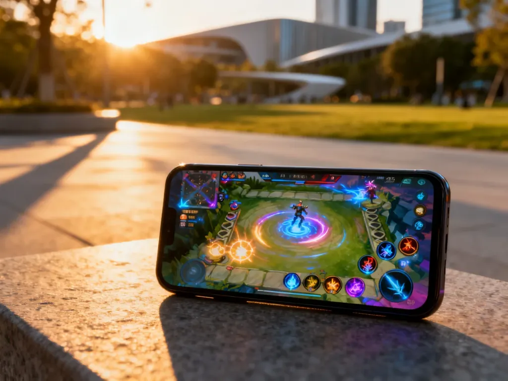 Ekran smartfona z interfejsem walki w grze mobilnej Pokemon GO na tle miejskiego parku w świetle zachodzącego słońca.