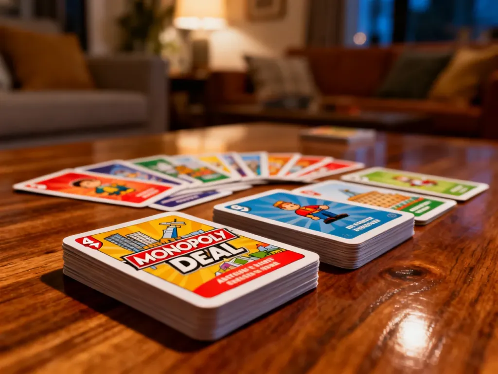 Kolorowe karty do gry Monopoly Deal rozłożone na drewnianym stole w przytulnym salonie.