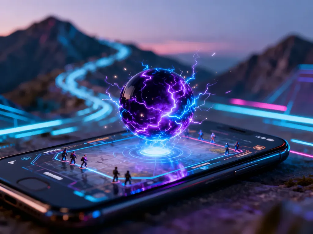 Futurystyczny interfejs walki w grze mobilnej z pulsującą energią, symbolizujący starcie z liderką zespołu w Pokemon GO.