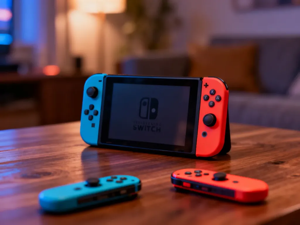 Konsola Nintendo Switch z odczepionymi kontrolerami Joy-Con na drewnianym stole w przytulnym salonie.