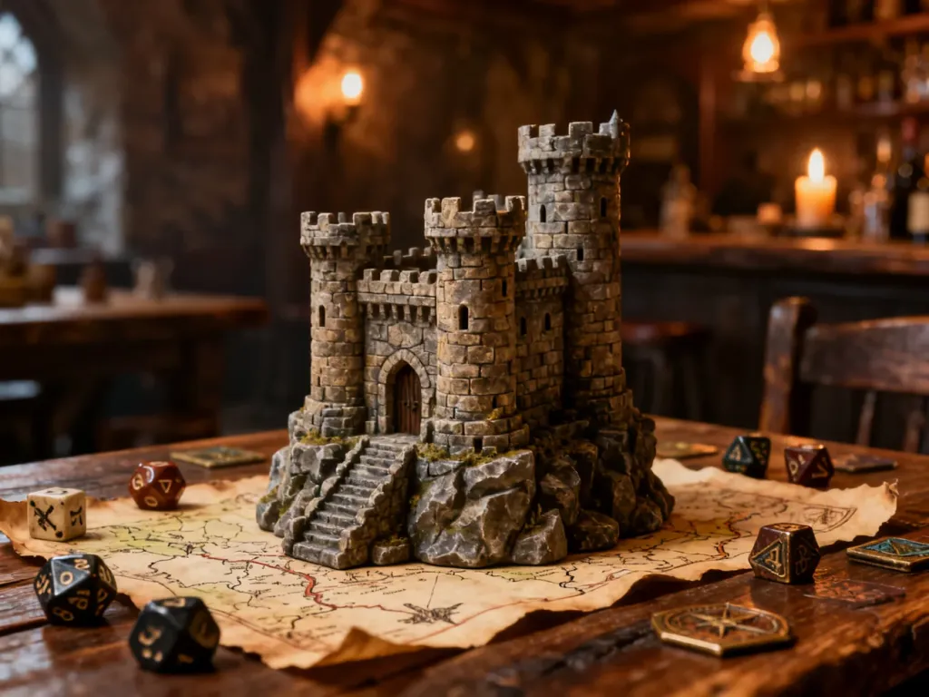 Miniaturowy zamek na drewnianym stole z kośćmi do gry i mapą, wprowadzający w klimat strategicznej rozgrywki w Heroes 3.