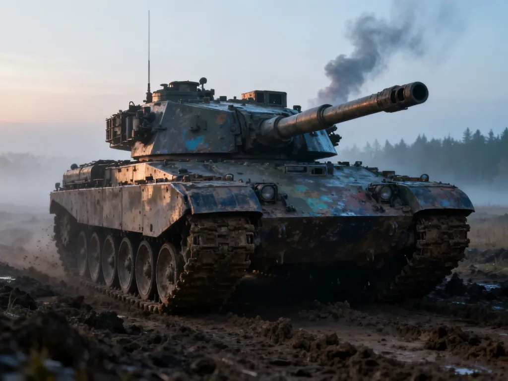Ciężki czołg bojowy na błotnistym polu bitwy w porannej mgle, ilustrujący klimat rozgrywki w World of Tanks.