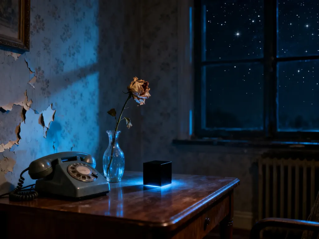 Tajemniczy pokój z gry Cube Escape: Seasons, zawierający stary telefon, zwiędły kwiat oraz świecącą czarną kostkę.
