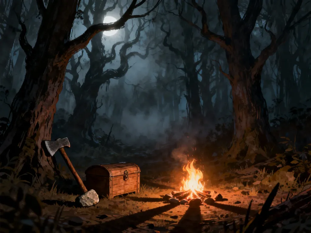 Płonące ognisko w mrocznym lesie z ekwipunkiem gracza, ilustrujące podstawy przetrwania w grze Don't Starve.