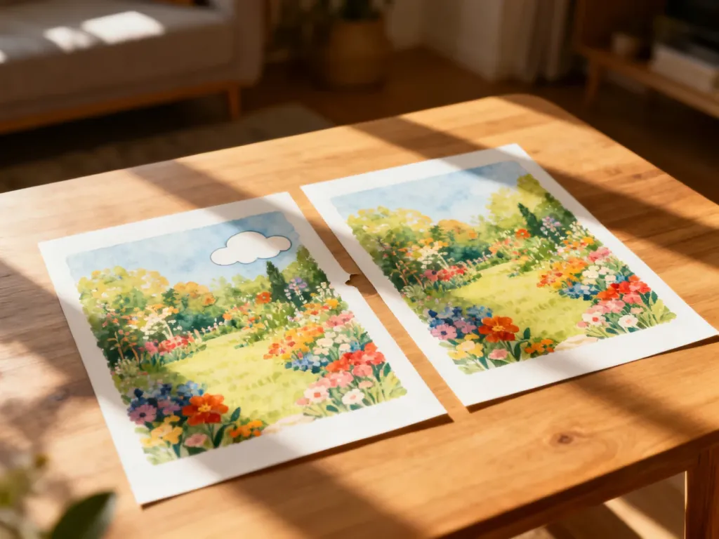 Dwie niemal identyczne ilustracje ogrodu położone obok siebie na drewnianym stole, zachęcające do znalezienia różnic.