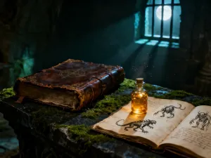 Nowoczesne stanowisko gamingowe z ultra-szerokim monitorem wyświetlającym krajobraz fantasy w przytulnym, niebieskim oświetleniu.