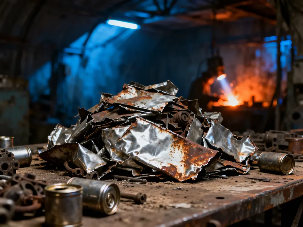 Sterta zardzewiałych aluminiowych odpadów i części mechanicznych na industrialnym stole warsztatowym w świecie Fallout 4.