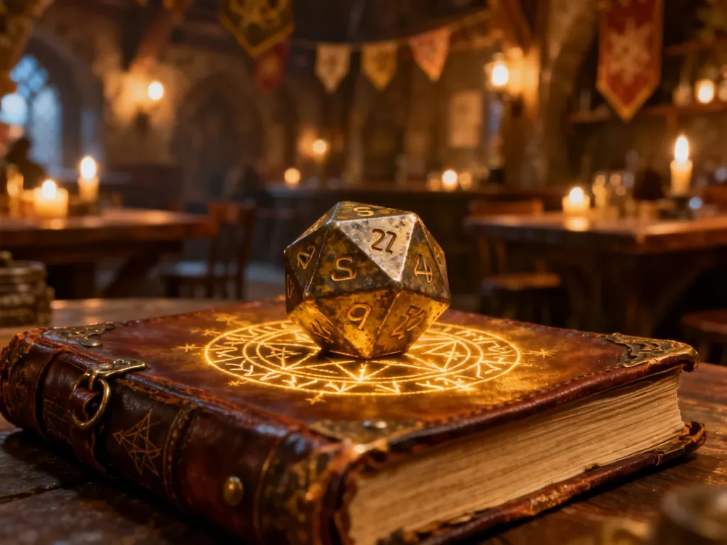 Klimatyczna sceneria RPG z kością D20 i magiczną księgą zaklęć, wprowadzająca w świat gry Baldur's Gate 3.