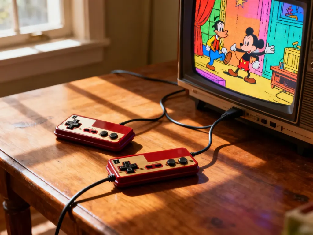 Dwa kontrolery do gier na drewnianym stole przed telewizorem z włączoną grą w stylu retro.