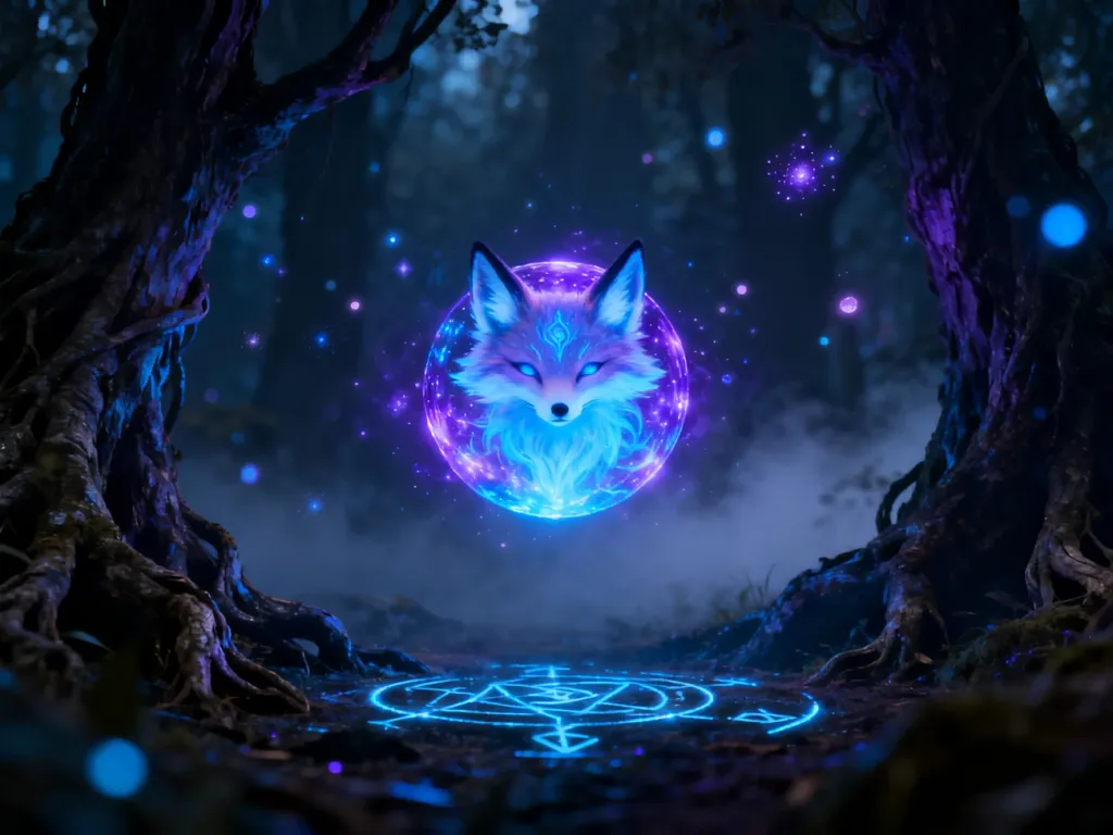 Magiczna, świecąca kula energii w mrocznym lesie, nawiązująca do mistycznych zdolności Ahri.