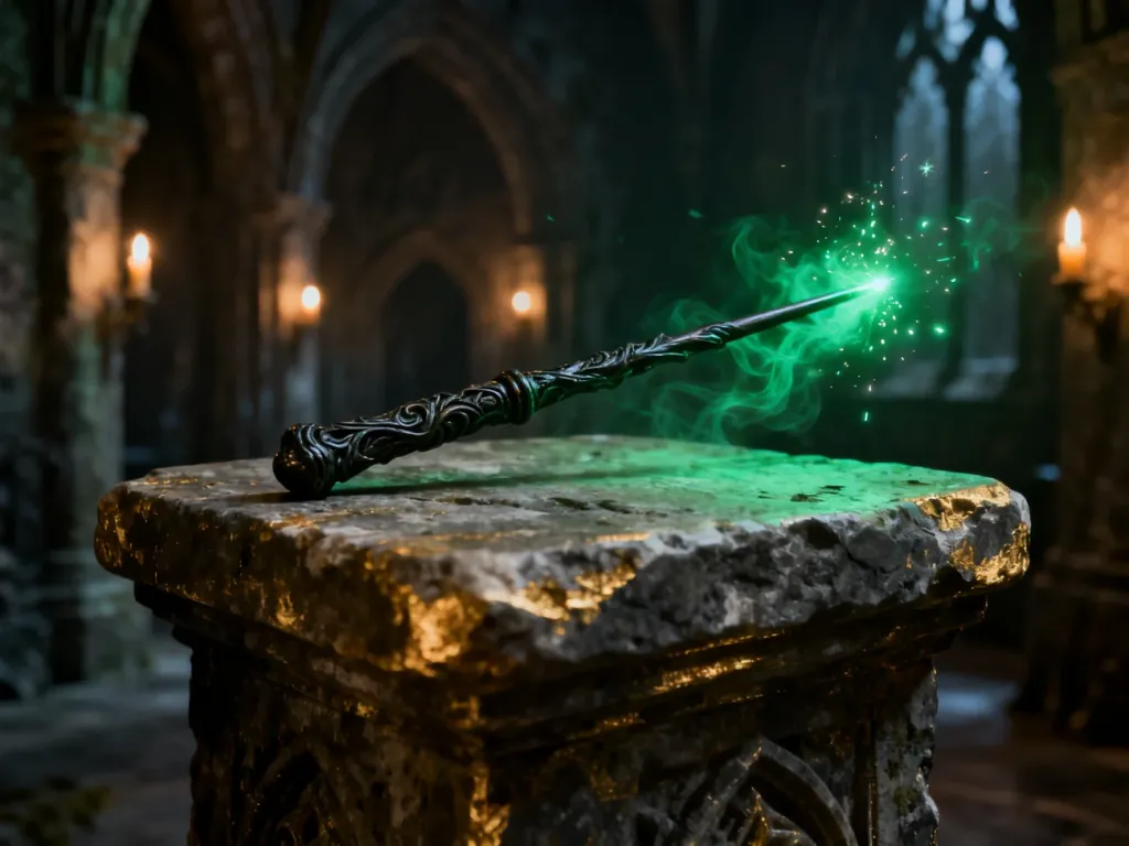 Starożytny postument z magiczną różdżką emanującą zielonym światłem w mrocznej komnacie zamku.