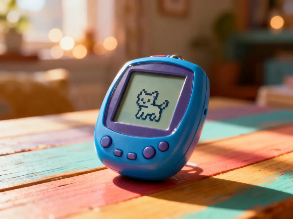 Klasyczne urządzenie Tamagotchi z pikselowym zwierzakiem na ekranie, spoczywające na kolorowym drewnianym blacie.