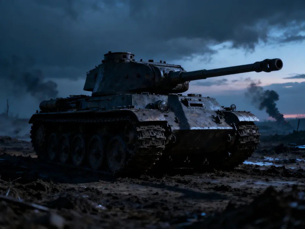 Sylwetka ciężkiego czołgu IS-3 na tle mrocznego, błotnistego pola bitwy o zmierzchu.