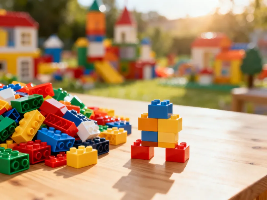 Kolorowe klocki konstrukcyjne ułożone w małą wieżę na drewnianym stole, symbolizujące kreatywną rozgrywkę w Lego Worlds.