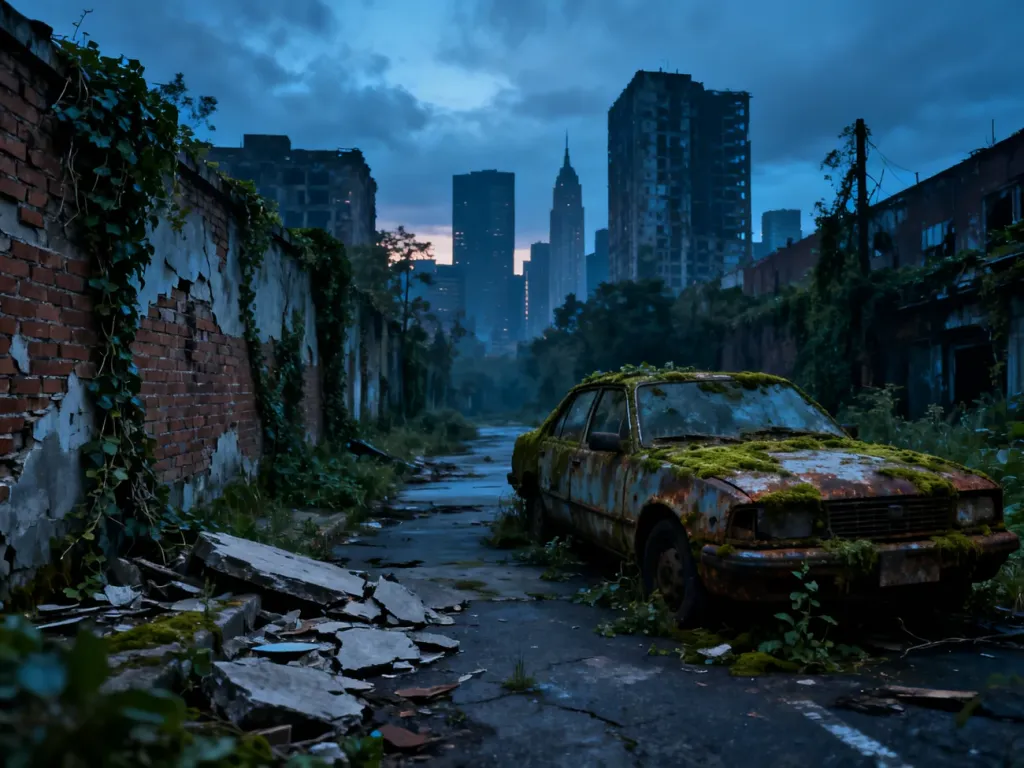 Opuszczona, zarośnięta roślinnością ulica miasta w klimacie postapokaliptycznym, oddająca atmosferę gry The Last of Us.
