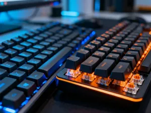 Zestaw kości do gry RPG, notatnik i pióro na drewnianym stole w klimatycznym, wieczornym oświetleniu.
