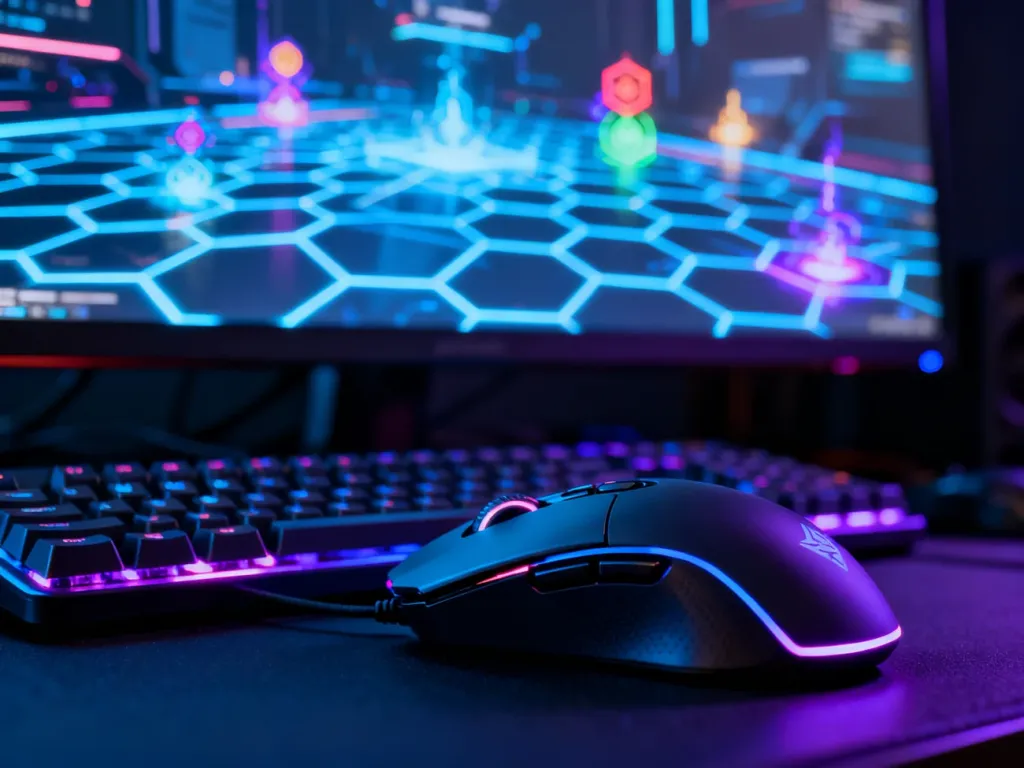 Gamingowa mysz i klawiatura z podświetleniem RGB na tle ekranu z grą taktyczną, budujące profesjonalny klimat e-sportowy.
