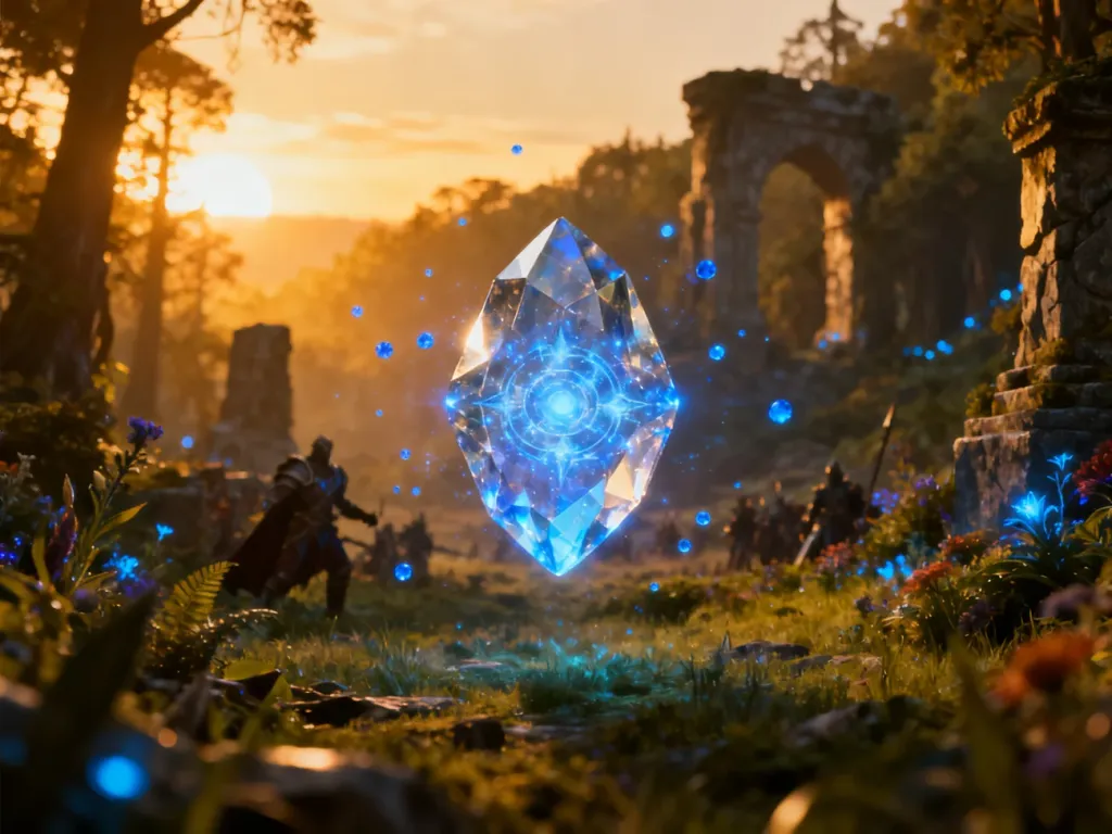 Świecący magiczny kryształ Nexusa na tle fantastycznego pola bitwy, symbolizujący cel gry w League of Legends.
