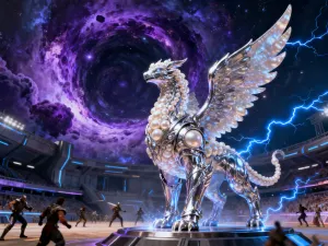 Magiczna, zielona energia wirująca nad kamiennym postumentem z różdżką w mrocznej komnacie Hogwartu.