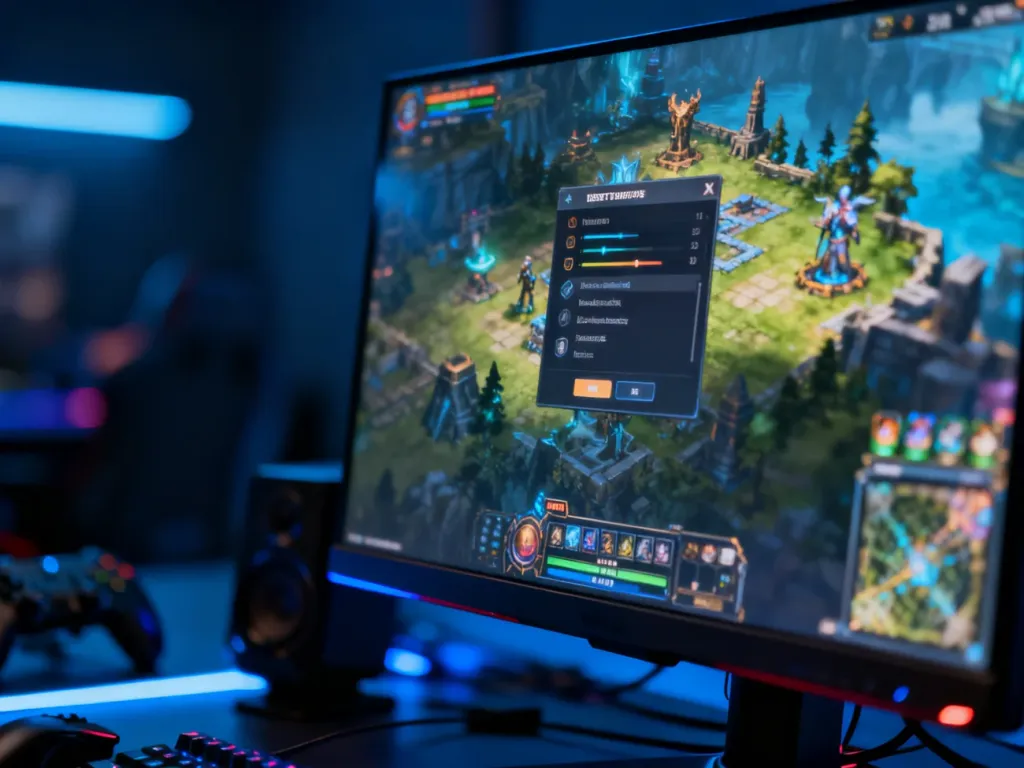 Monitor z otwartym menu ustawień gry strategicznej w klimacie fantasy, widoczny w przyciemnionym pokoju gracza.