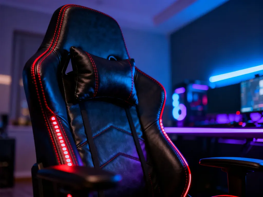 Ergonomiczny fotel gamingowy z podświetleniem LED w nowoczesnym pokoju gracza.