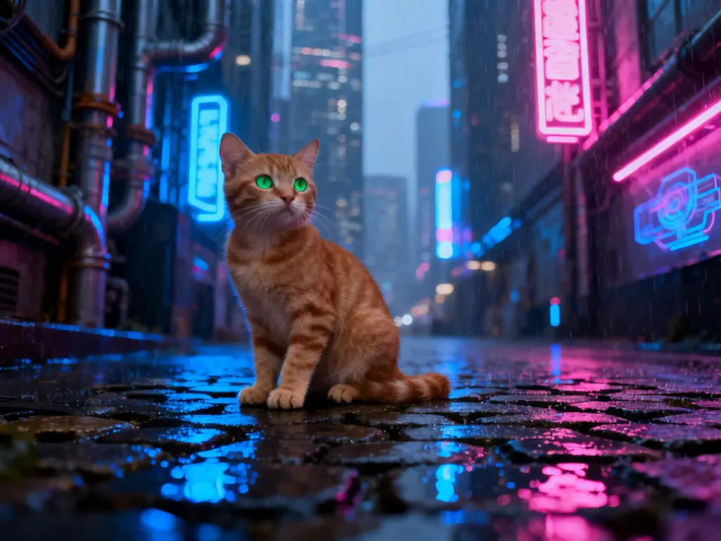 Rudy kot z zielonymi oczami siedzi w deszczowej, neonowej alejce futurystycznego miasta z gry Stray.