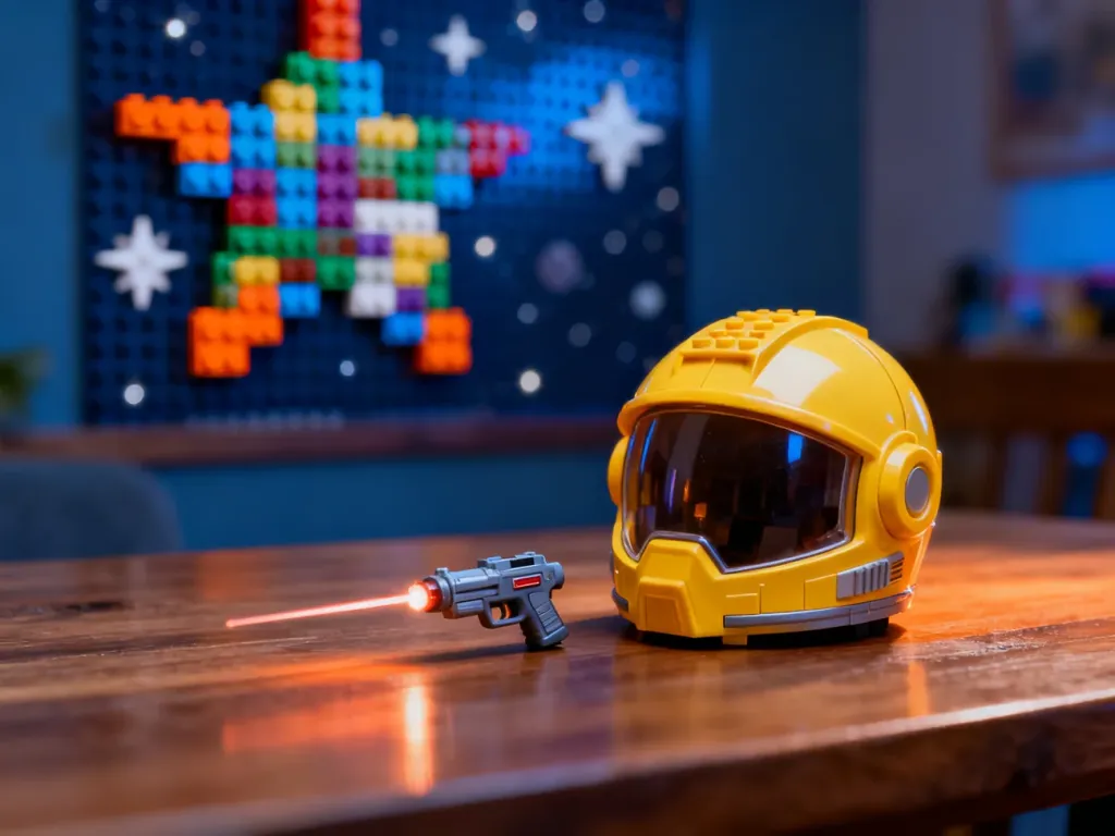 Żółty hełm astronauty i plastikowy blaster na drewnianym stole, nawiązujące do klimatu gier z serii Lego Star Wars.