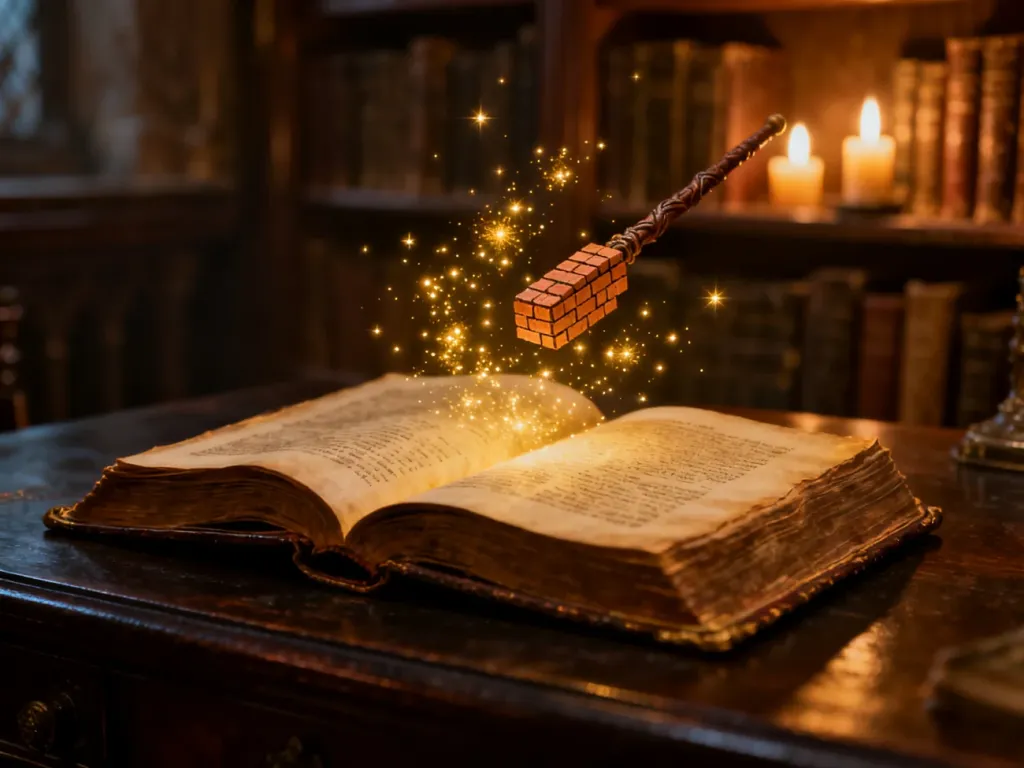 Otwarta magiczna księga z lewitującą różdżką z klocków Lego w klimatycznej bibliotece, wprowadzająca w świat gry.