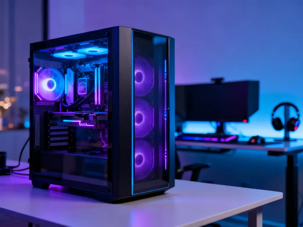 Nowoczesna obudowa gamingowa z podświetleniem RGB w odcieniach błękitu i fioletu na minimalistycznym biurku.