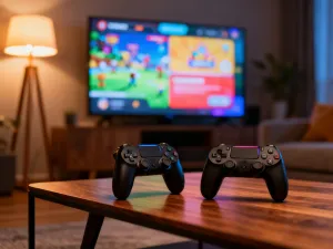 Nowoczesne stanowisko gamingowe z podświetlaną klawiaturą i monitorem wyświetlającym krajobraz miasta w stylu GTA RP.
