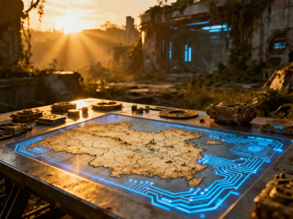 Holograficzna mapa świata w ruinie z widocznymi elementami technologii, wskazująca lokalizacje w grze Horizon Zero Dawn.