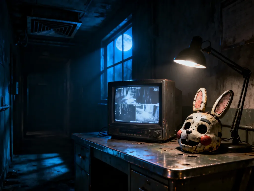 Mroczne biuro ochrony z gry FNaF 2, na którego biurku leży zużyta maska animatronicznego królika i monitor z podglądem kamer.