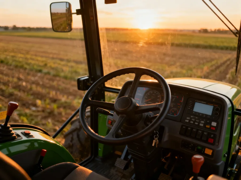 Wnętrze kabiny nowoczesnego ciągnika z widokiem na rozległe pole podczas zachodu słońca w grze Farming Simulator 19.
