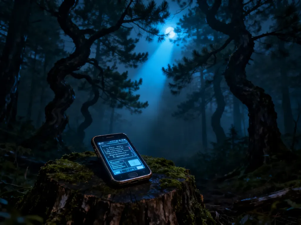 Mroczny, zamglony las nocą, w którym na omszałym pniu leży świecący smartfon z tajemniczymi wskazówkami do gry Duskwood.