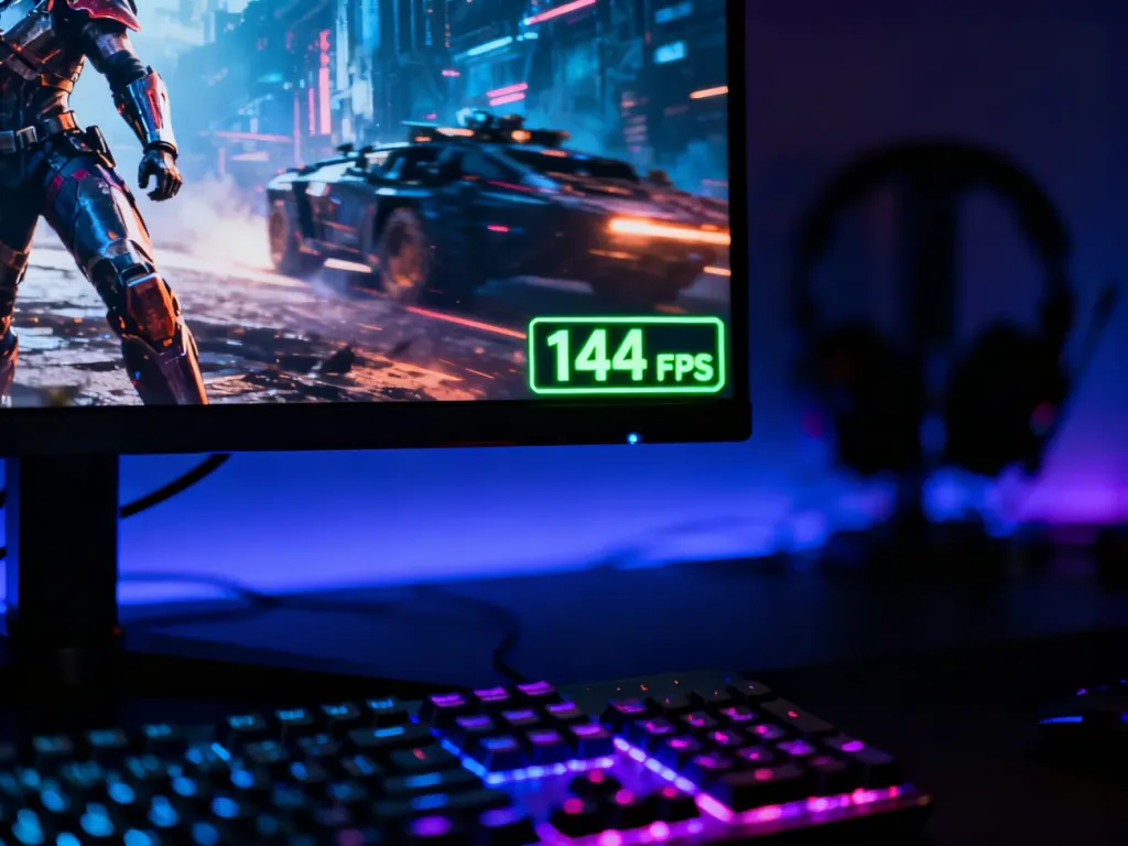 Monitor gamingowy z widocznym licznikiem 144 FPS w rogu ekranu oraz podświetlaną klawiaturą w ciemnym pokoju.