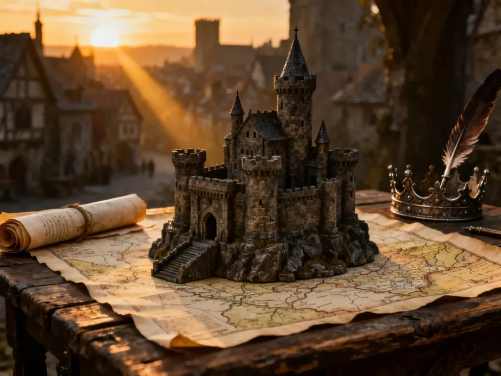 Model zamku i królewska korona na mapie, symbolizujące przejście od ustroju plemiennego do feudalizmu w Crusader Kings 3.