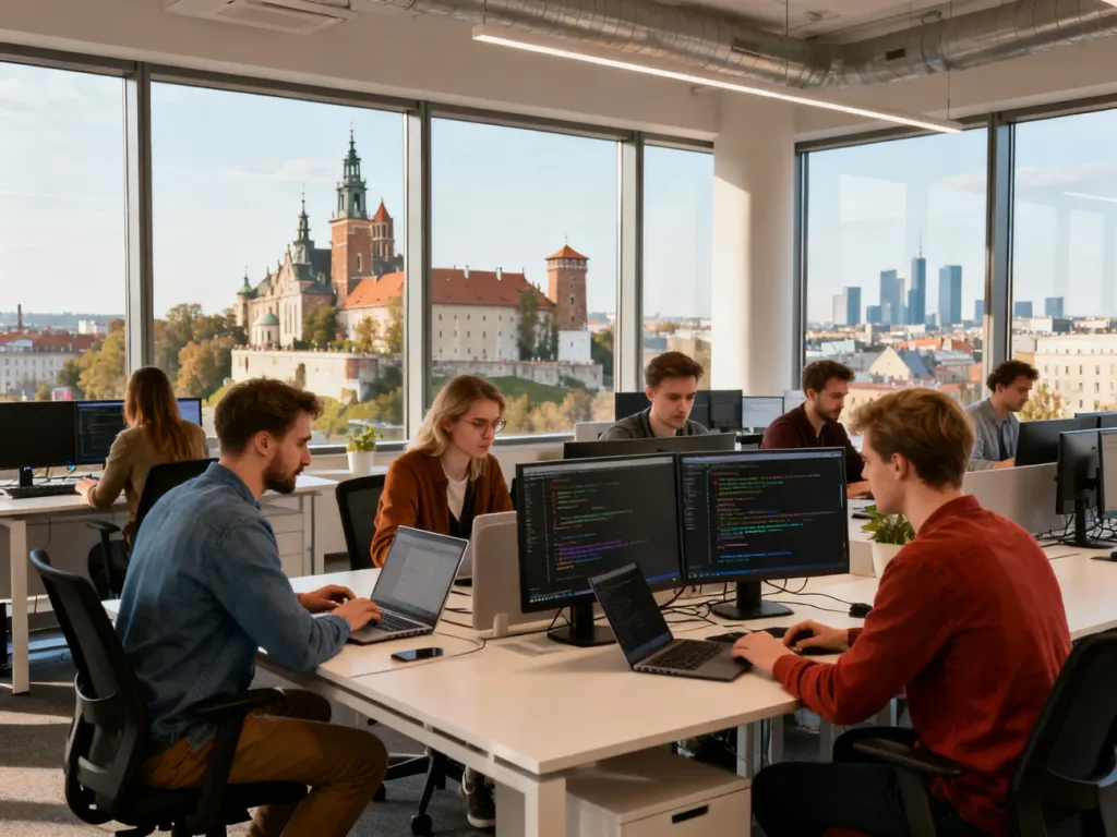 Nowoczesne krakowskie biuro IT z widokiem na Wawel, programiści współpracują przy komputerach, no text on the picture