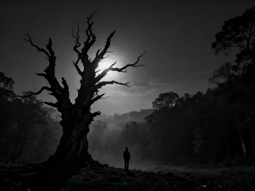 Mroczny, zamglony las w grze Limbo z sylwetką małego bohatera stojącego samotnie wśród powykręcanych drzew.