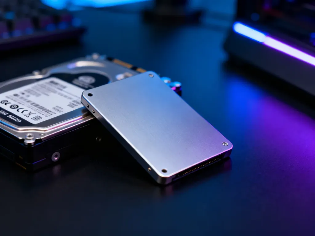 Porównanie nowoczesnego dysku SSD oraz tradycyjnego dysku HDD na tle gamingowego stanowiska z niebieskim podświetleniem.