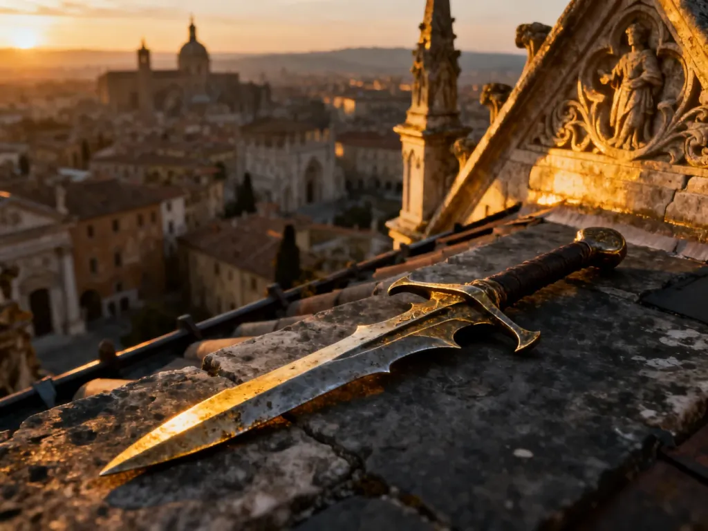 Ukryte ostrze leżące na kamiennym dachu z renesansowym miastem w tle, nawiązujące do klimatu serii Assassin's Creed.