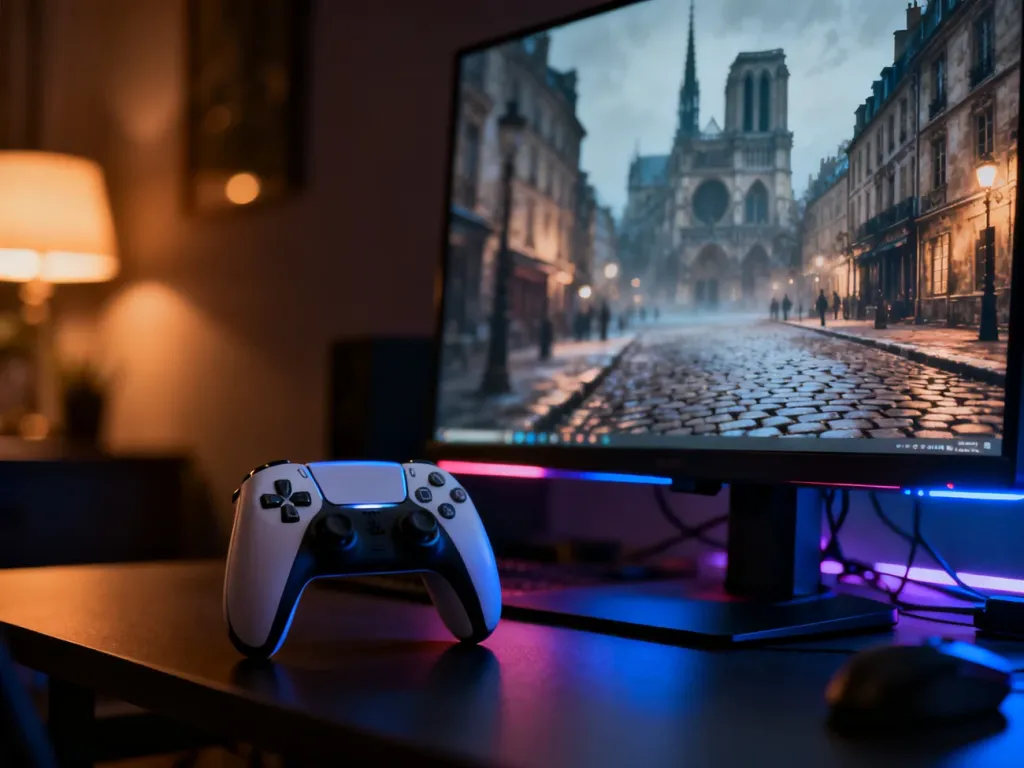 Nowoczesne stanowisko gamingowe z kontrolerem na biurku oraz widokiem na Paryż z gry Assassin's Creed Unity na ekranie.