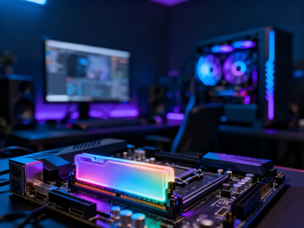 Podświetlona pamięć RAM wewnątrz nowoczesnego komputera gamingowego z efektownym oświetleniem RGB.
