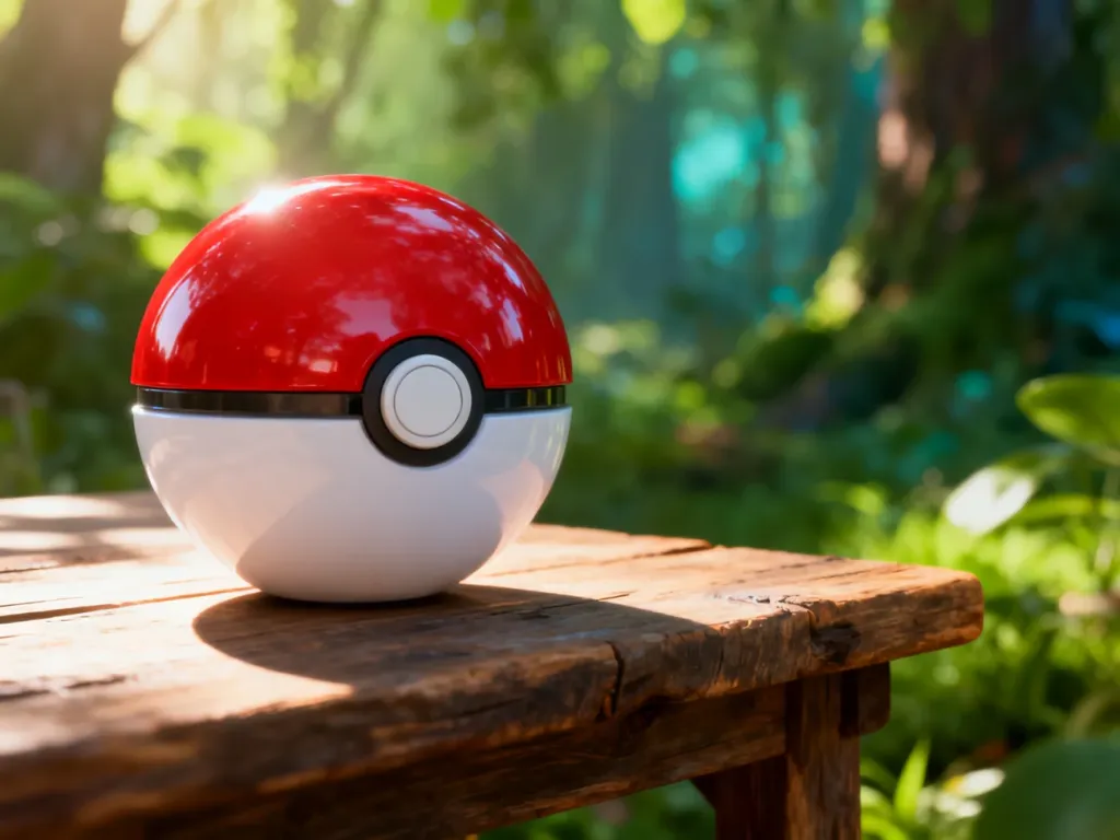 Klasyczny czerwono-biały Pokéball leżący na drewnianym stole na tle magicznego lasu.
