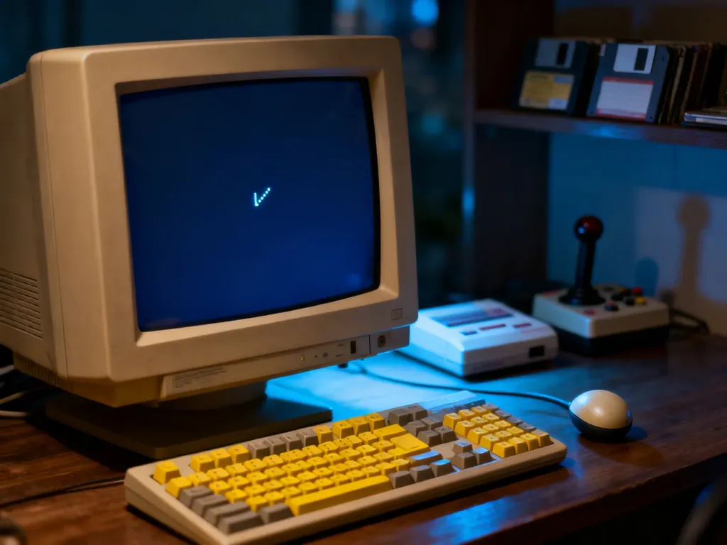 Stanowisko z klasycznym monitorem CRT, klawiaturą mechaniczną i dyskietkami, wprowadzające w klimat gier DOS.